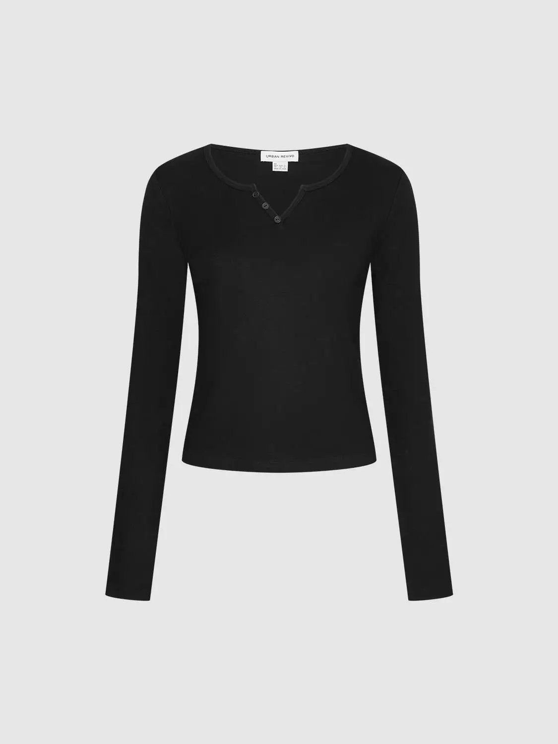 Ribbed Long Sleeve V-neck Cotton Blend T-Shirt