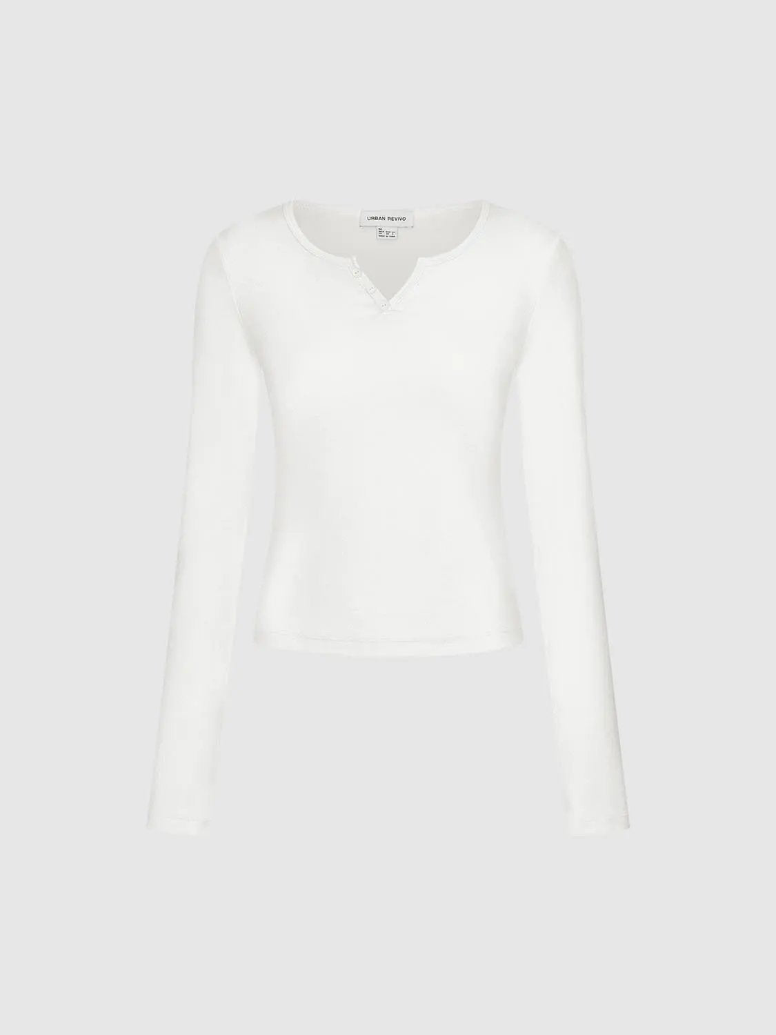 Ribbed Long Sleeve V-neck Cotton Blend T-Shirt