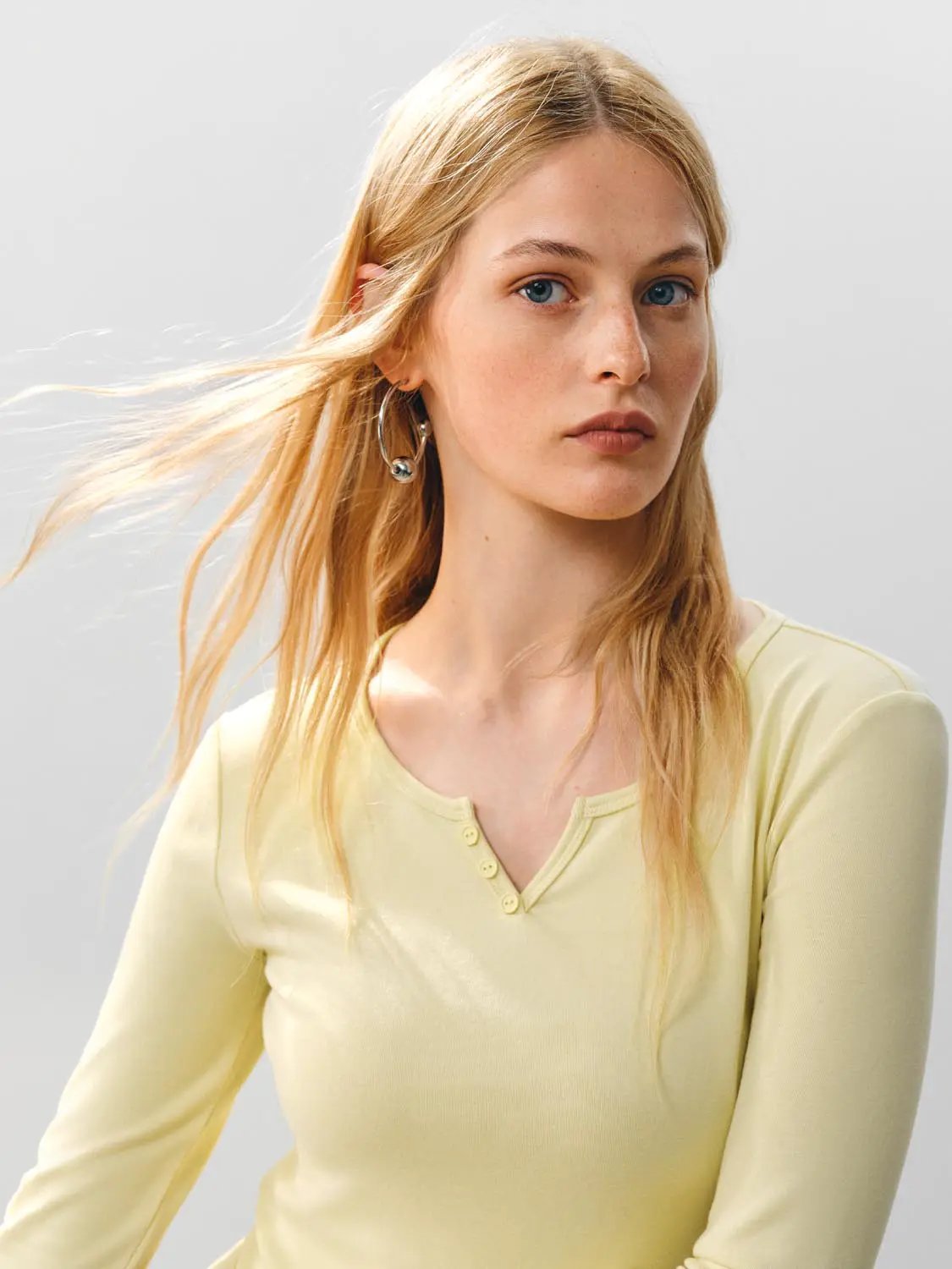 Ribbed Long Sleeve V-neck Cotton Blend T-Shirt