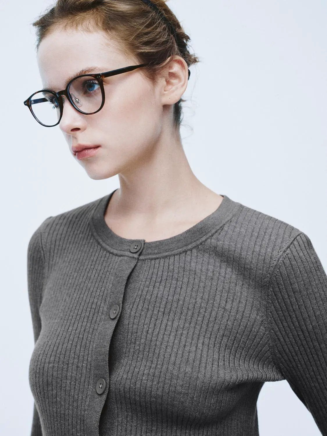 Ribbed Knit Button Front Crew Neck Long Sleeve Cardigan