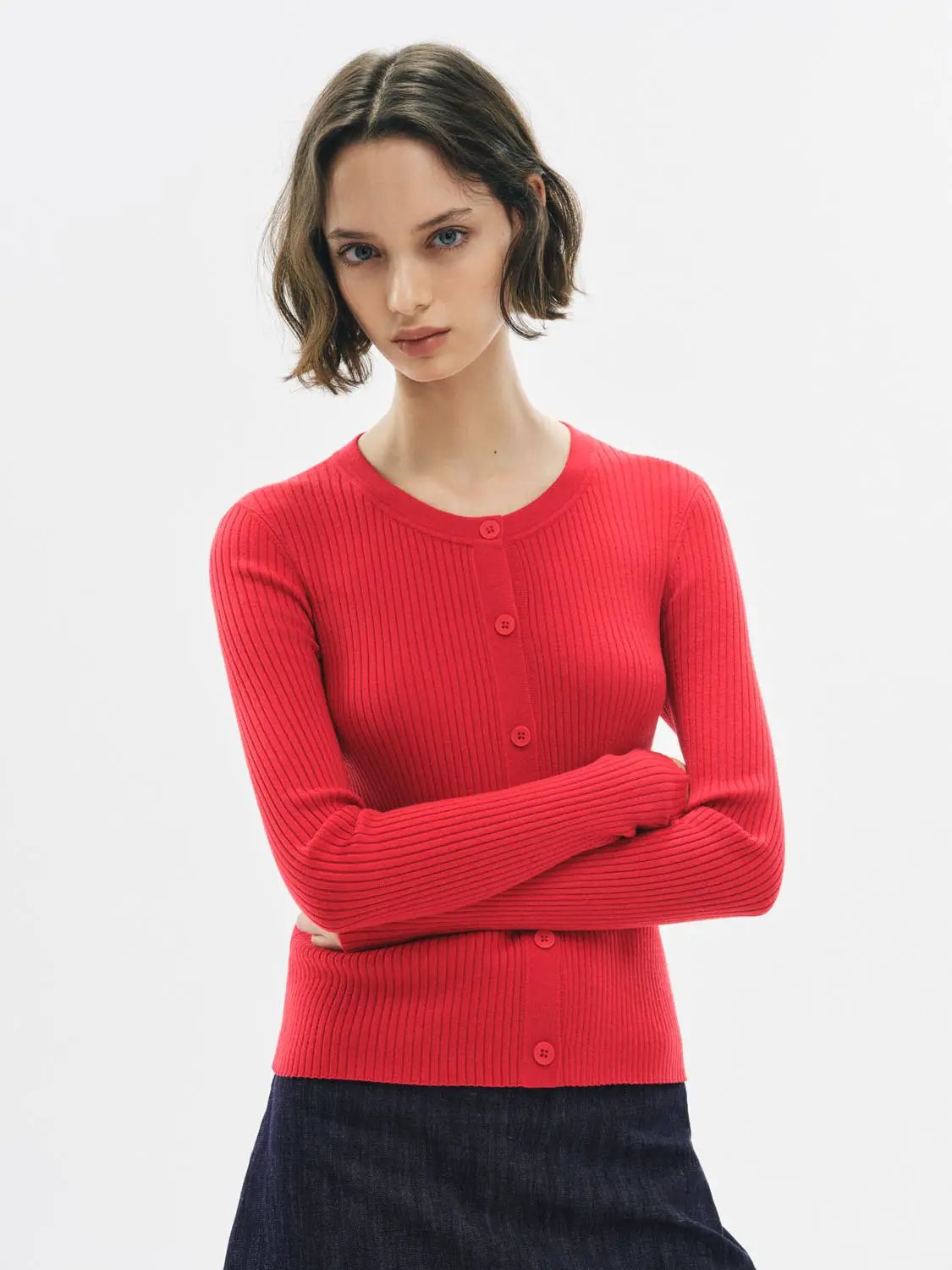 Ribbed Knit Button Front Crew Neck Long Sleeve Cardigan