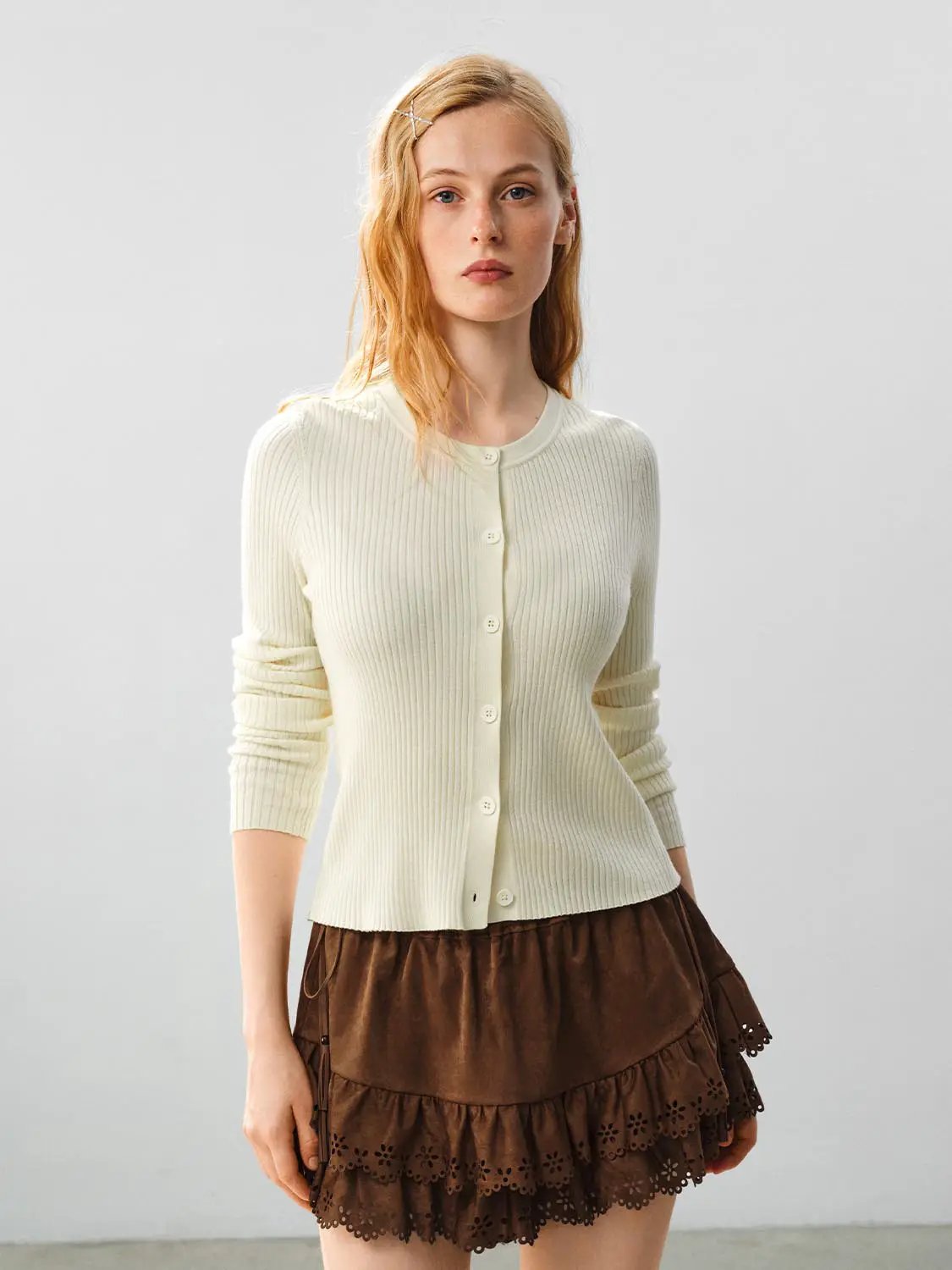 Ribbed Knit Button Front Crew Neck Long Sleeve Cardigan