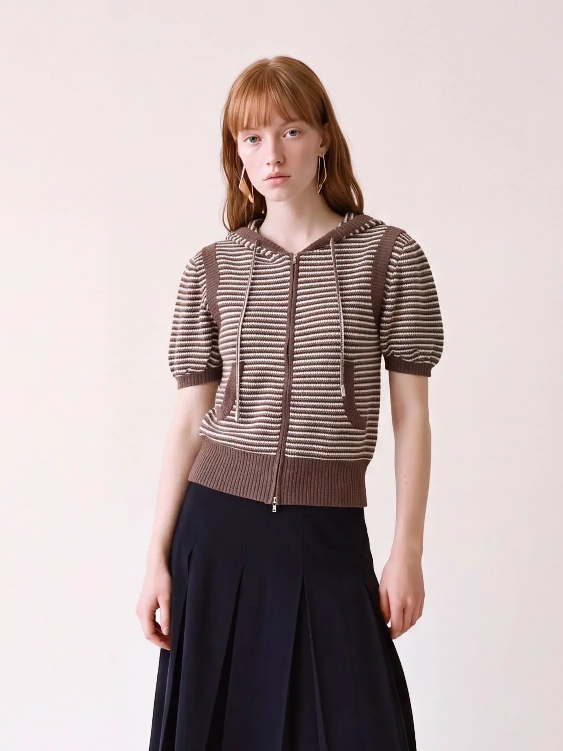 Hooded Zip Front Striped Short Sleeve Knit Jacket