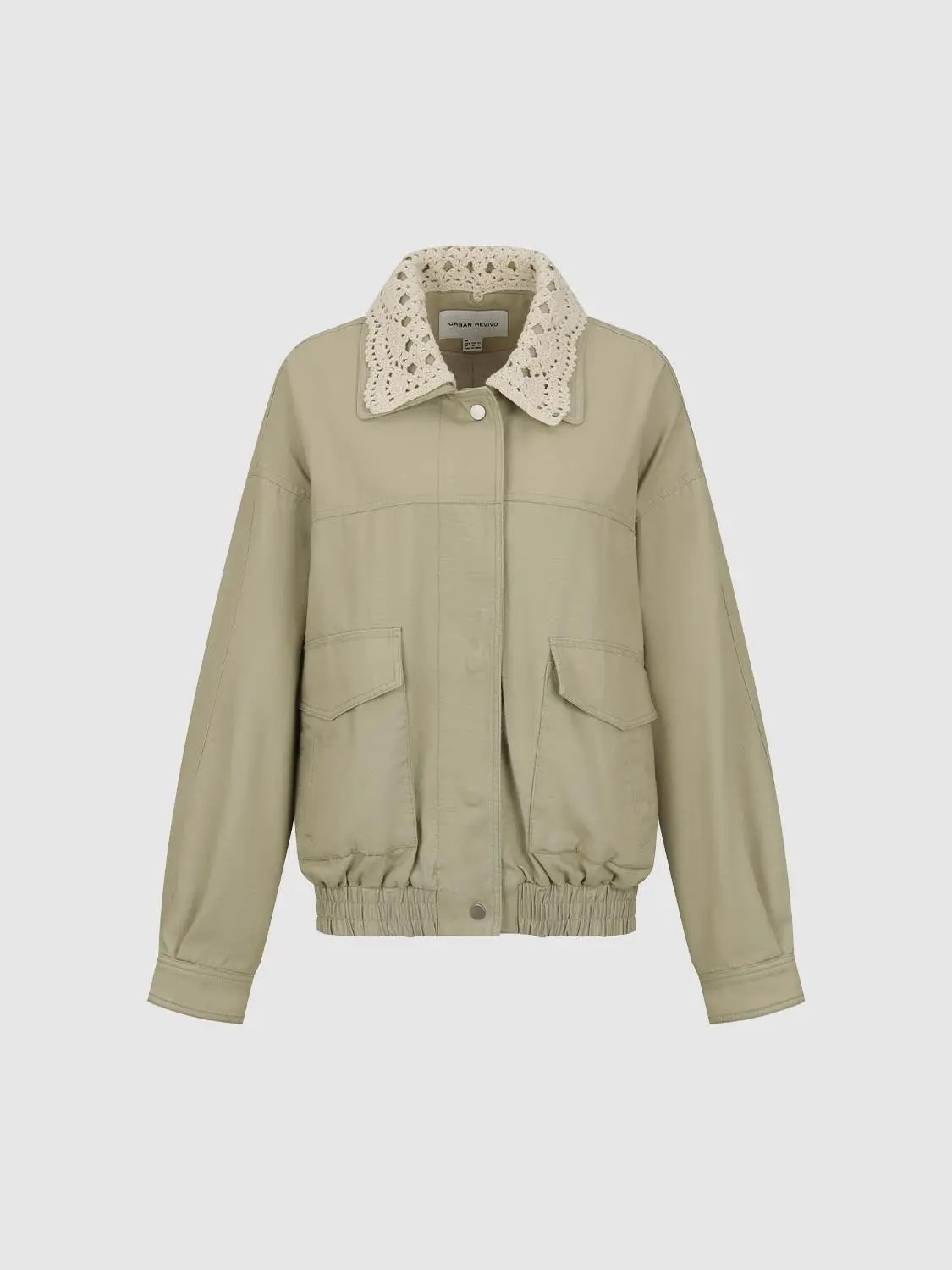 Crochet Collar Elastic Hem Long Sleeve Cotton Jacket