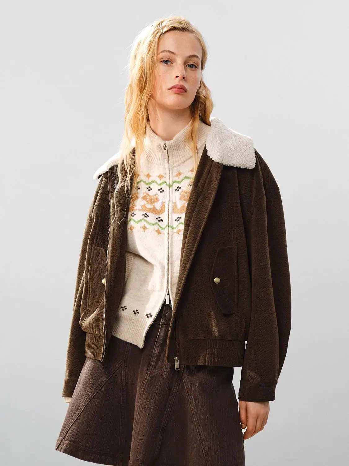 Faux Fur Collar Zip Front Long Sleeve Ribbed Textured Jacket