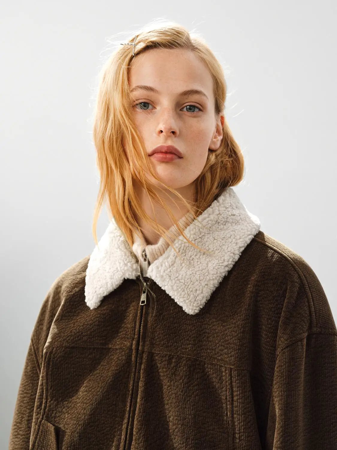 Faux Fur Collar Zip Front Long Sleeve Ribbed Textured Jacket