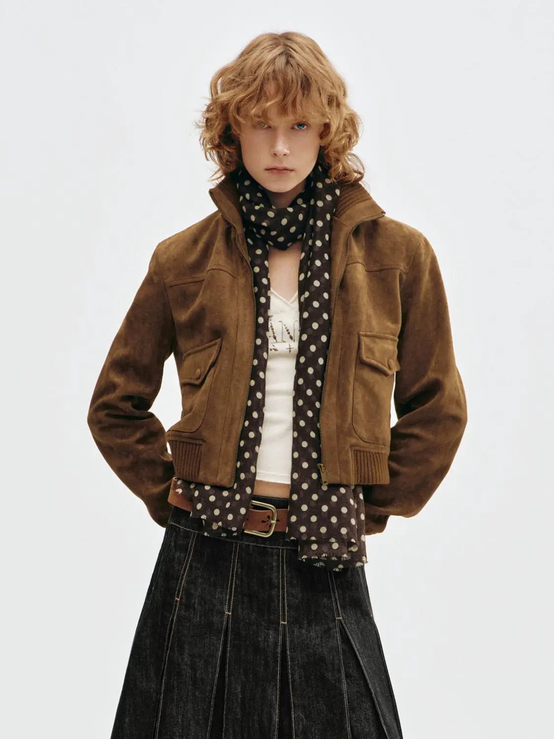 Faux Suede Collar Zip Front Long Sleeve Jacket