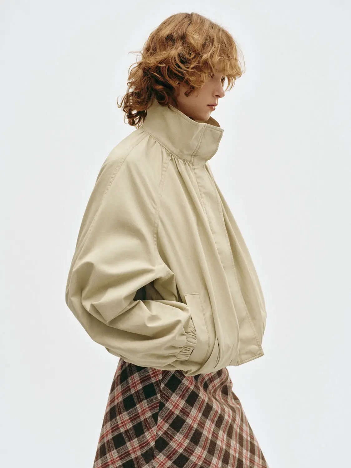 Ruched Oversized Mock Neck Cotton Long Sleeve Jacket