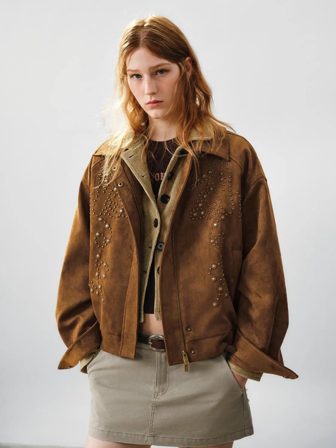 Studded Embroidered Long Sleeve Collar Zipper Jacket