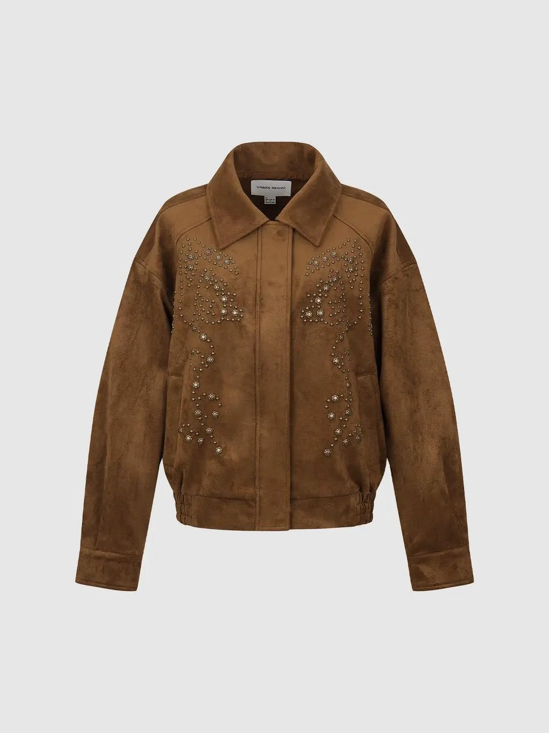 Studded Embroidered Long Sleeve Collar Zipper Jacket