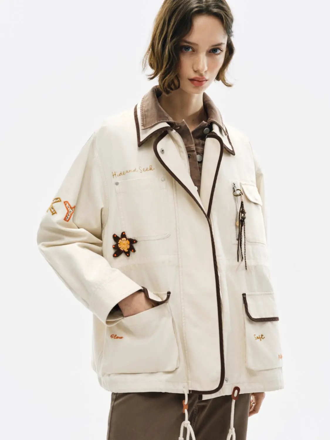 Embroidered Drawstring Long Sleeve Cotton Jacket