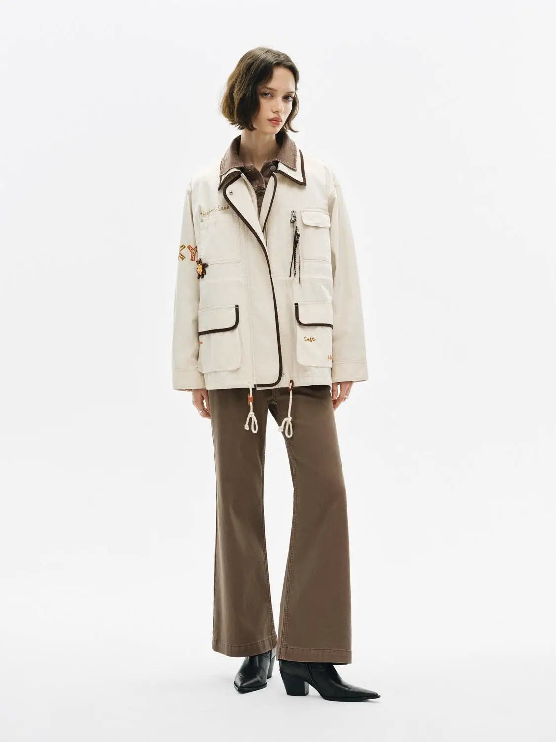 Embroidered Drawstring Long Sleeve Cotton Jacket
