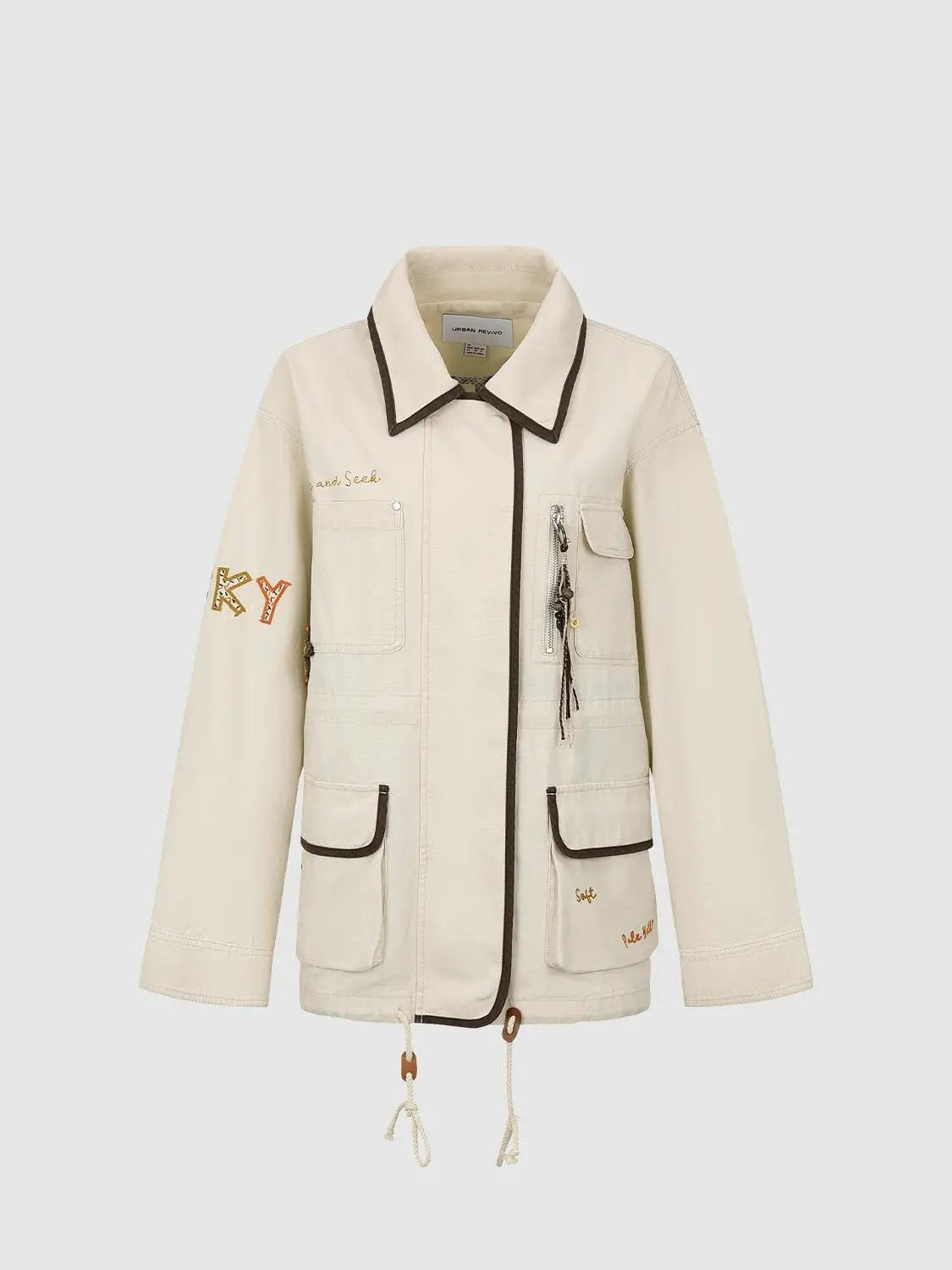 Embroidered Drawstring Long Sleeve Cotton Jacket