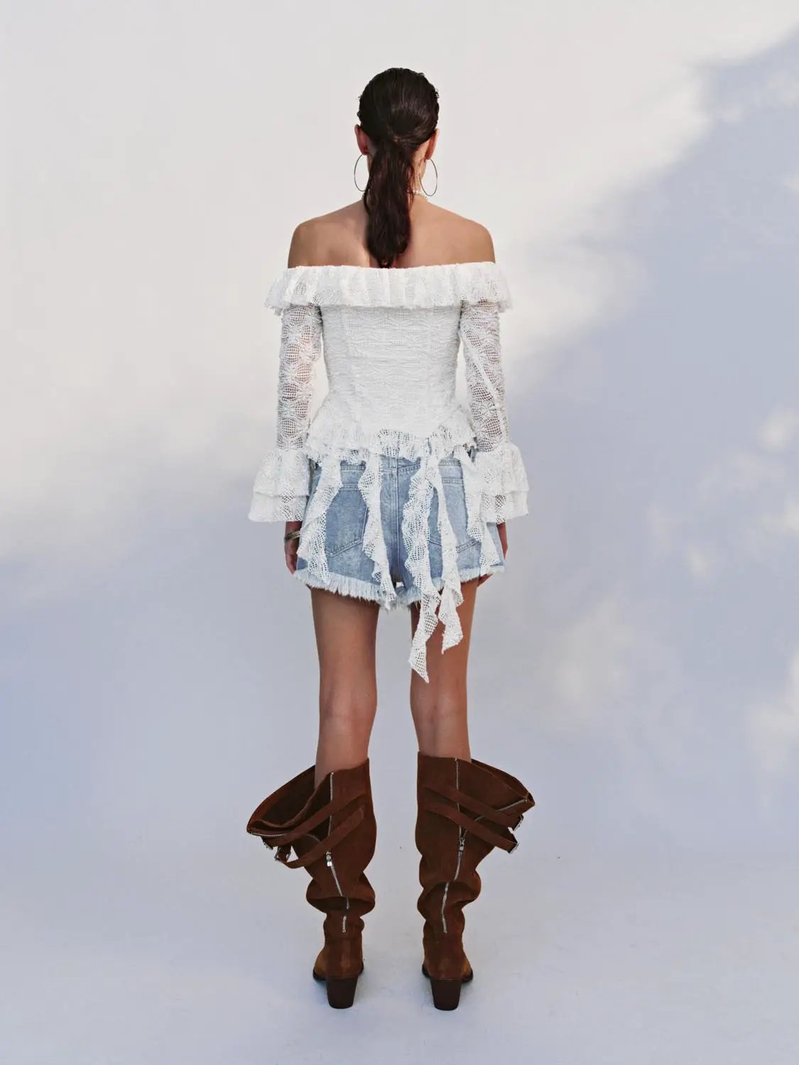 Off Shoulder Bell Sleeve Ruffle Stretch Lace Blouse