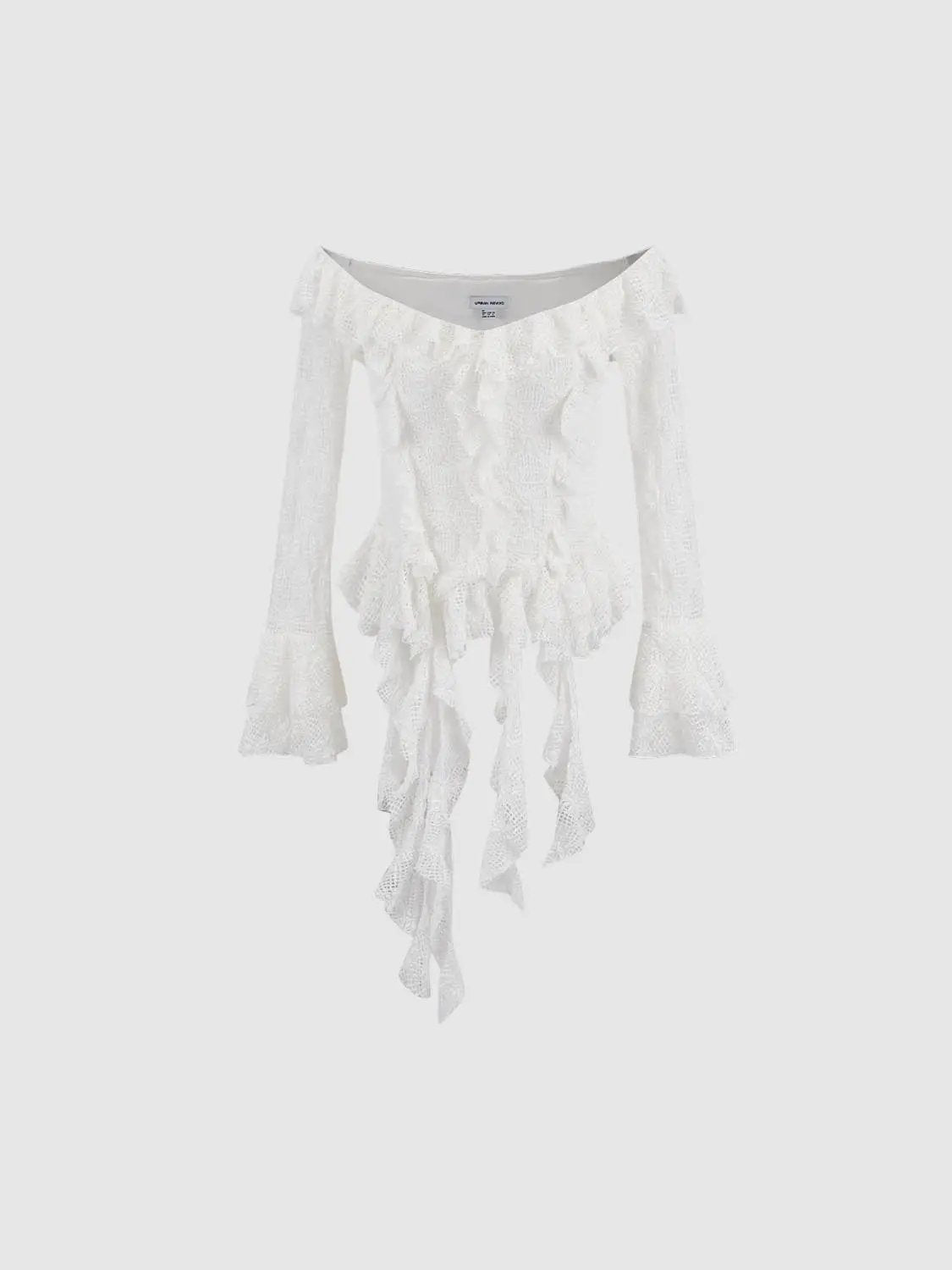 Off Shoulder Bell Sleeve Ruffle Stretch Lace Blouse