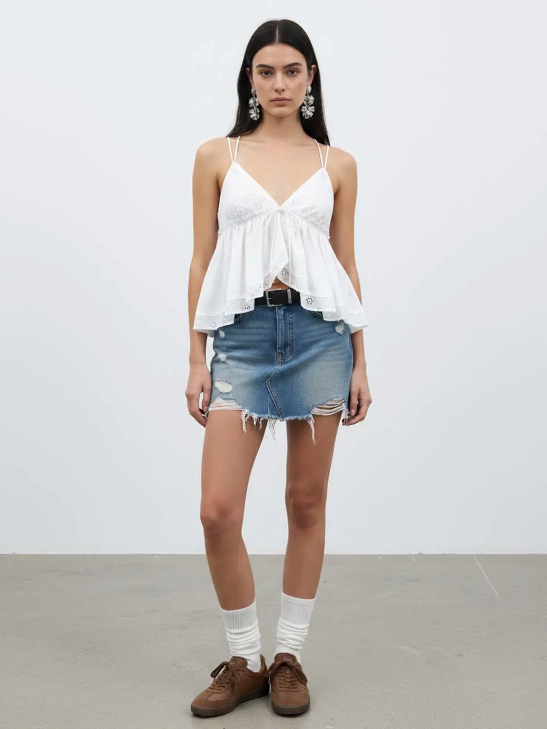 Embroidered Cotton Eyelet Tie Front Cami Top