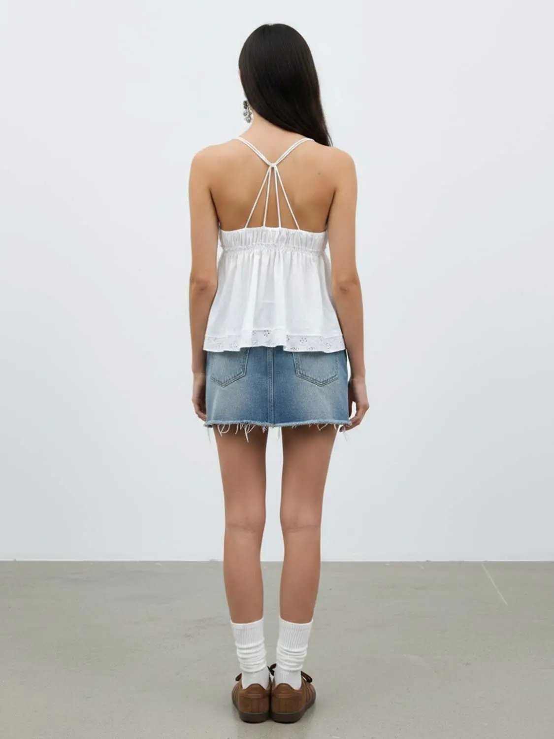 Embroidered Cotton Eyelet Tie Front Cami Top
