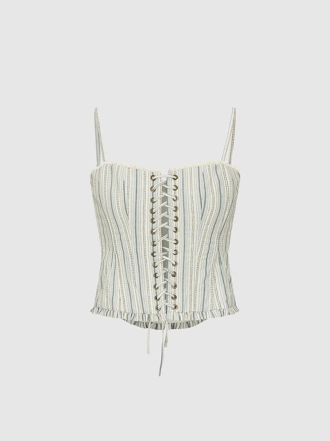 Striped Lace-up Sleeveless Cotton Ruffle Cami Top