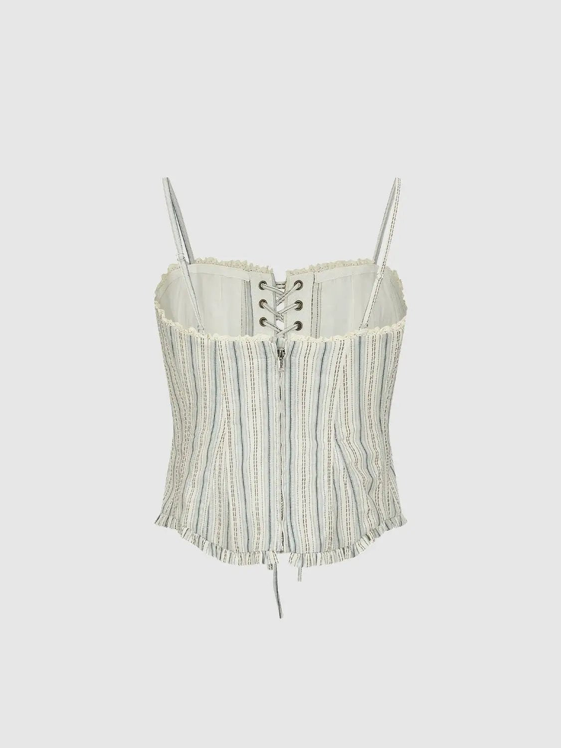 Striped Lace-up Sleeveless Cotton Ruffle Cami Top