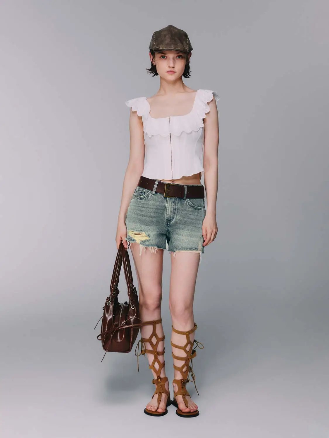 White Eyelet Ruffle Off Shoulder Front Zip Corset Crop Top