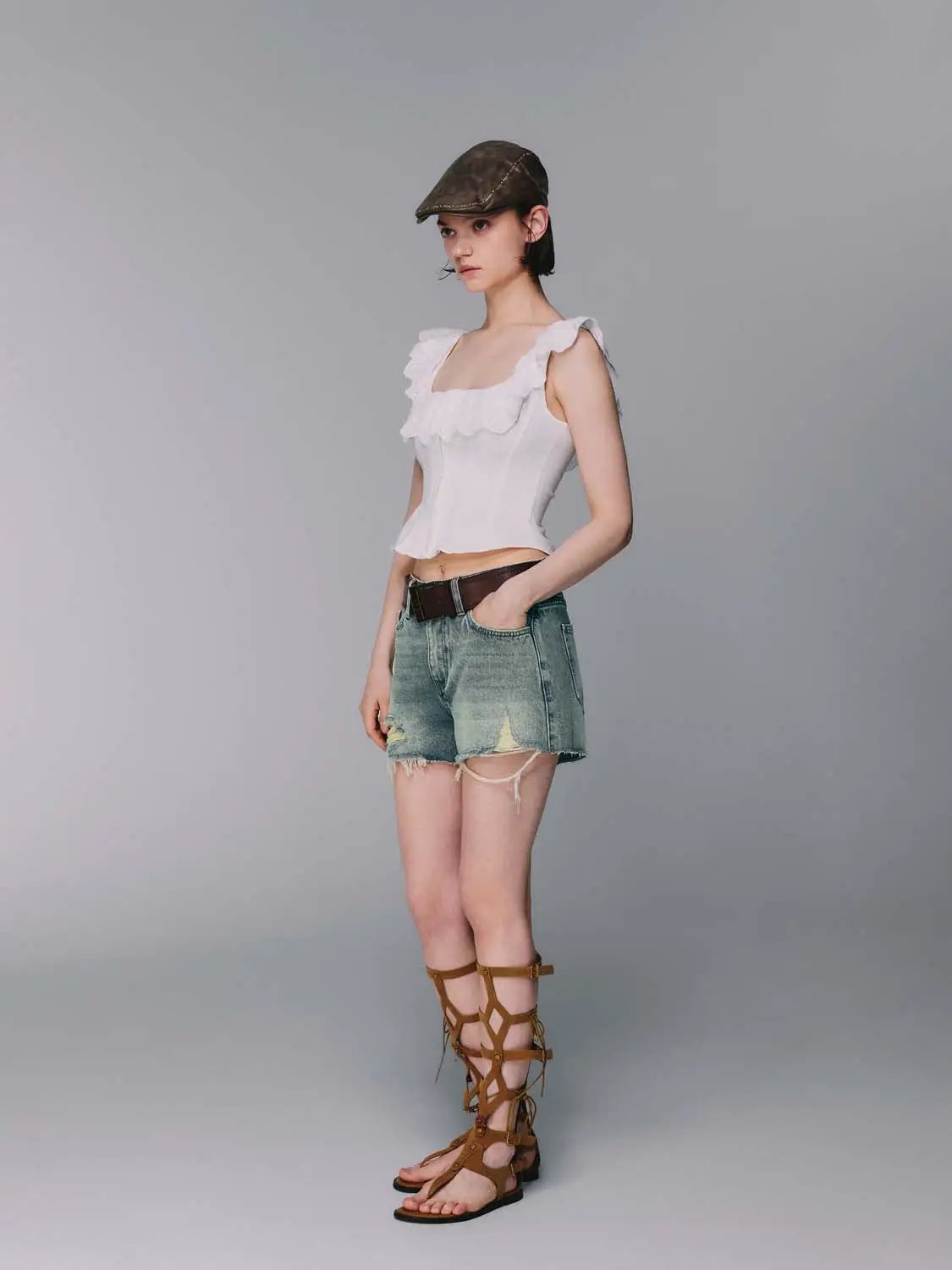 White Eyelet Ruffle Off Shoulder Front Zip Corset Crop Top