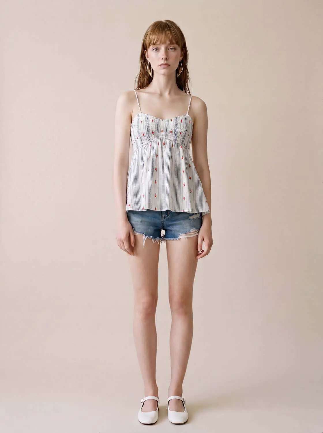Sweetheart Smocked Floral Striped Cotton Spaghetti Cami Top