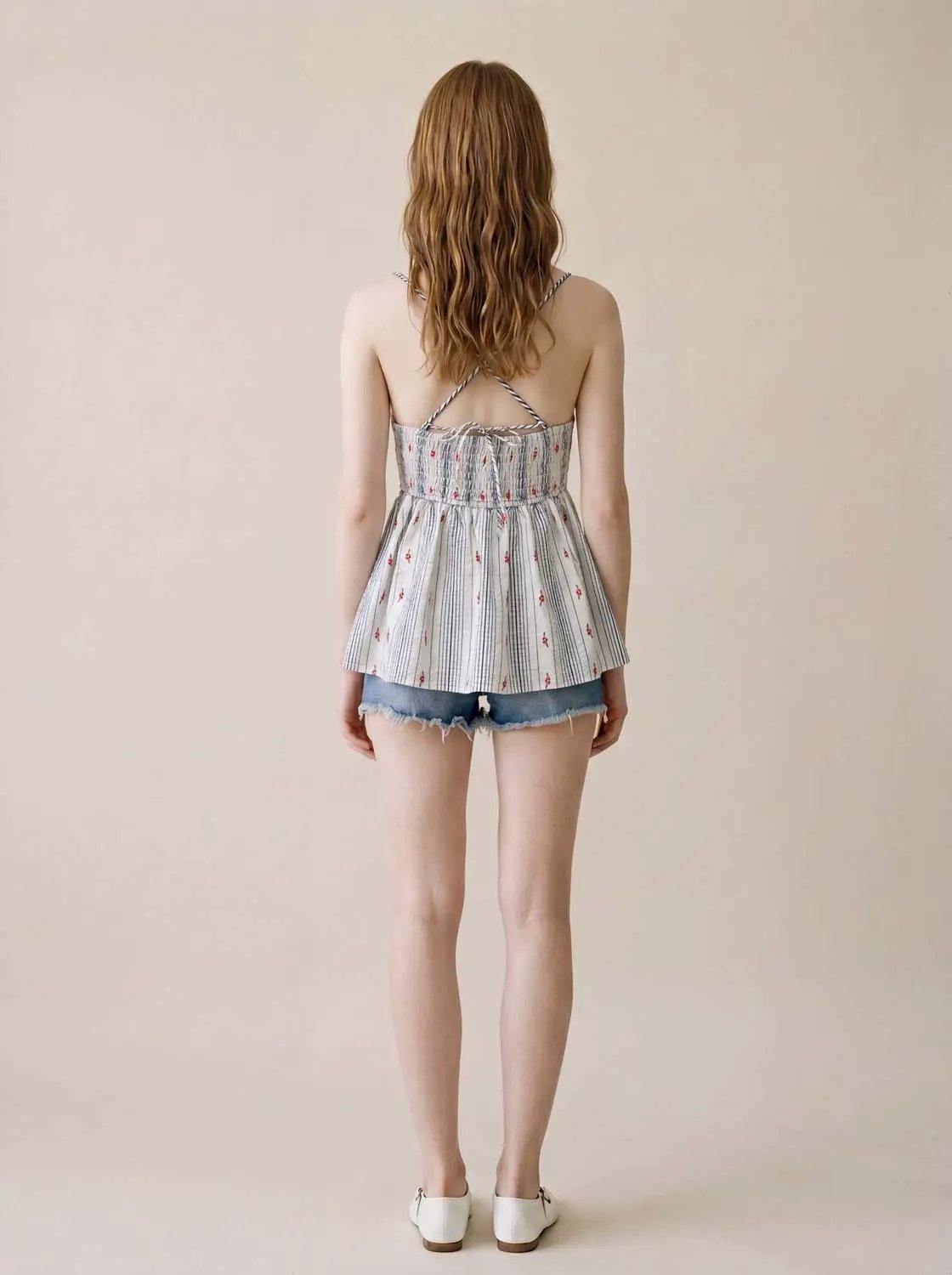 Sweetheart Smocked Floral Striped Cotton Spaghetti Cami Top