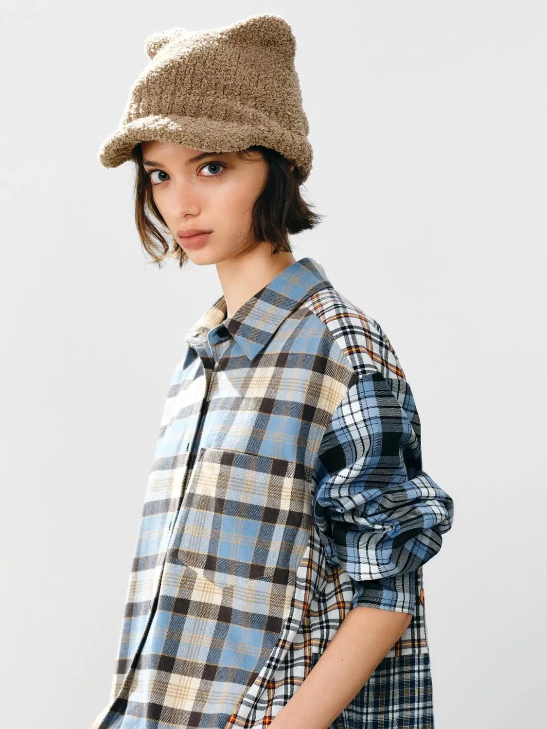 Patchwork Checked Shirt Collar Long Sleeve Cotton Shirt