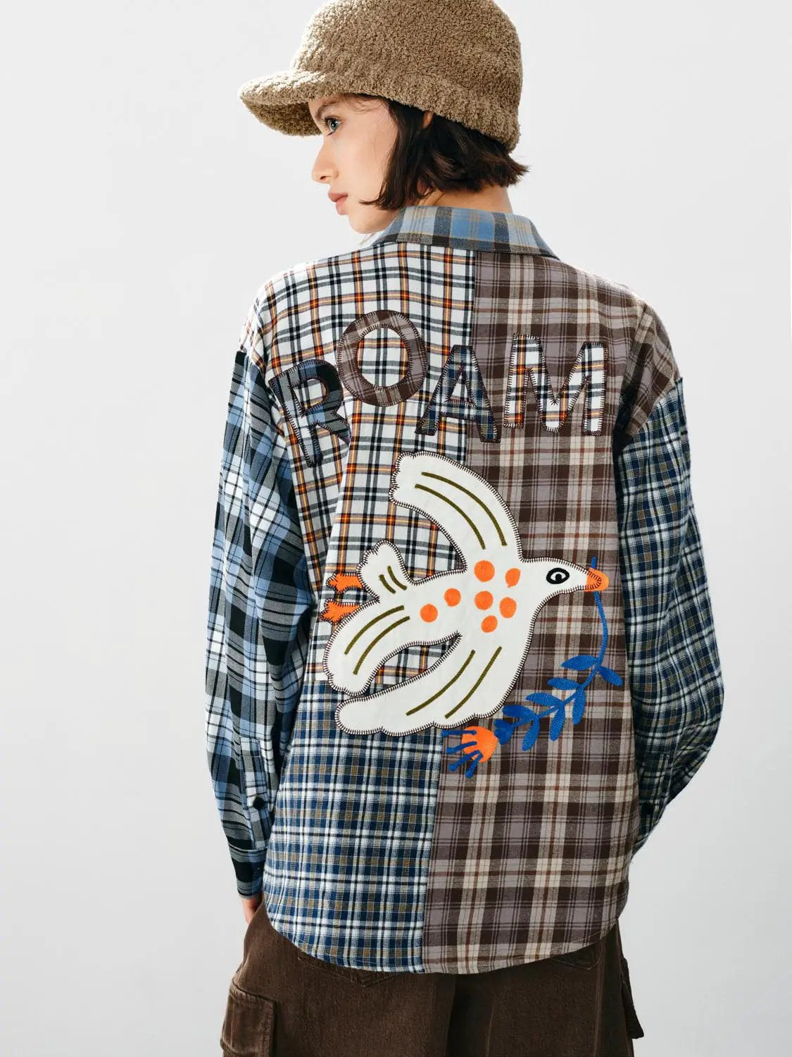 Patchwork Checked Shirt Collar Long Sleeve Cotton Shirt