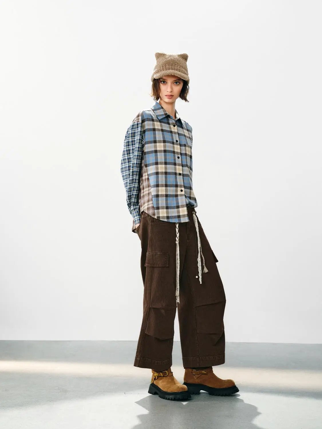 Patchwork Checked Shirt Collar Long Sleeve Cotton Shirt