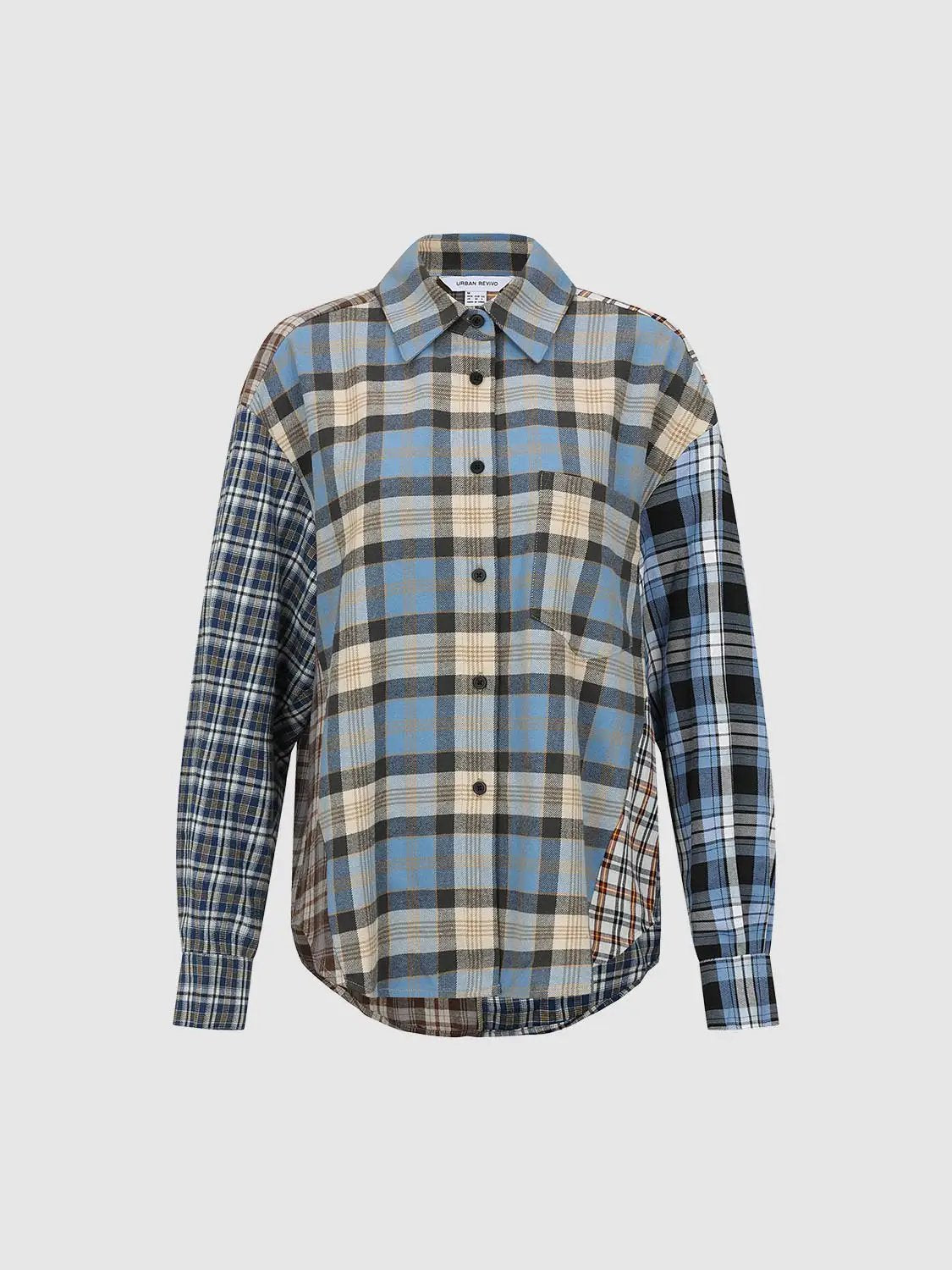 Patchwork Checked Shirt Collar Long Sleeve Cotton Shirt