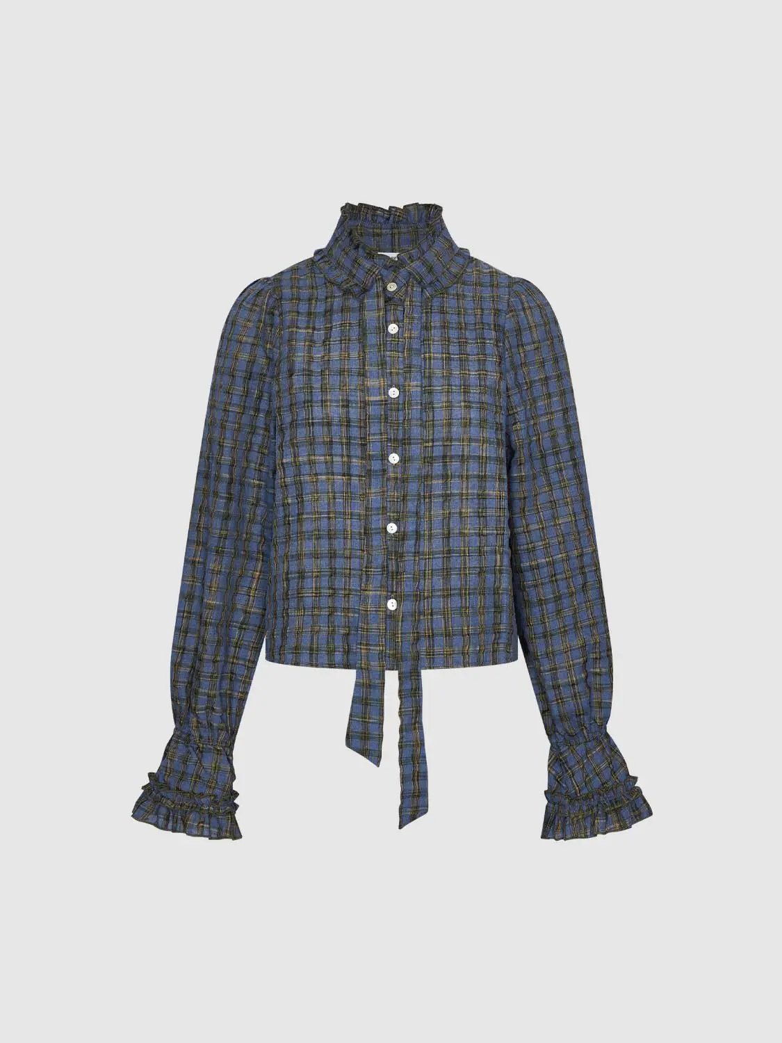Textured Checked Ruffle Collar Tie Neck Long Sleeve Button Shirt