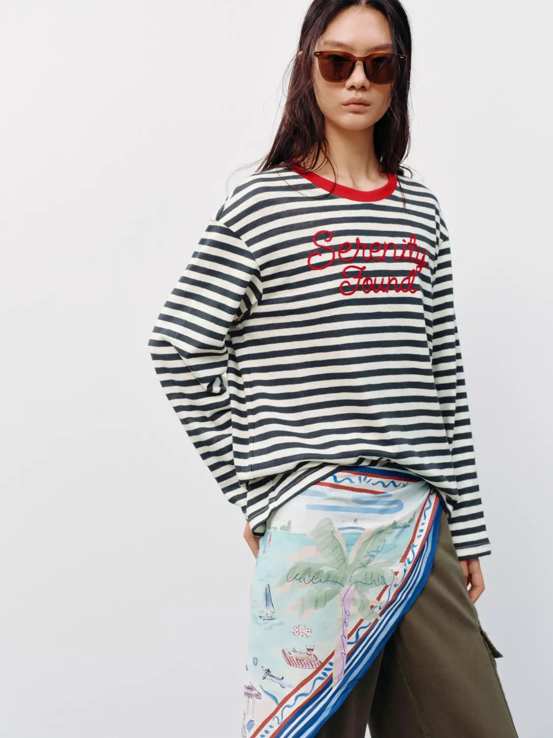Striped Embroidered Long Sleeve Cotton T-shirt