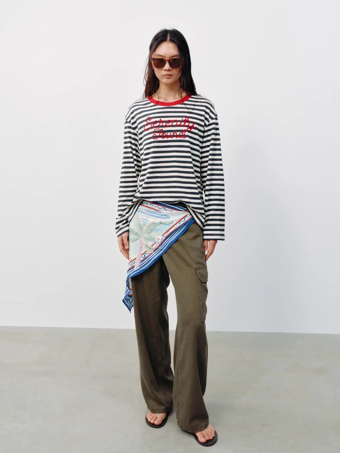 Striped Embroidered Long Sleeve Cotton T-shirt