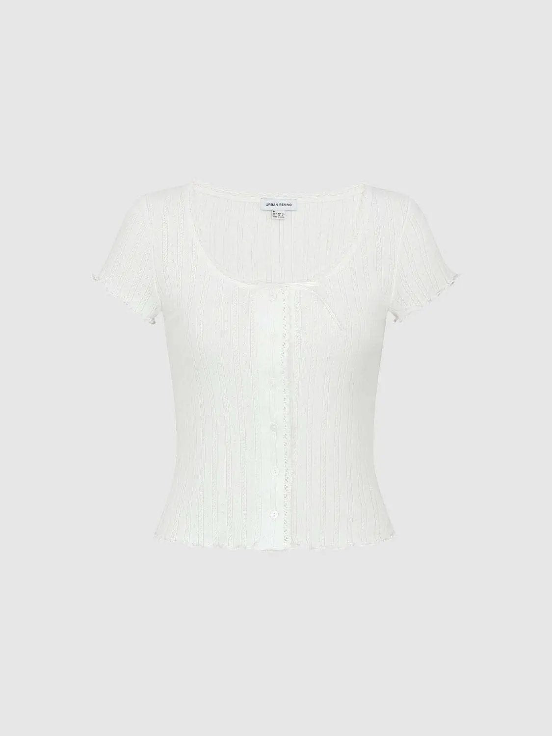 Scoop Neck Button Ribbed Scalloped Cropped Short Sleeve Tee