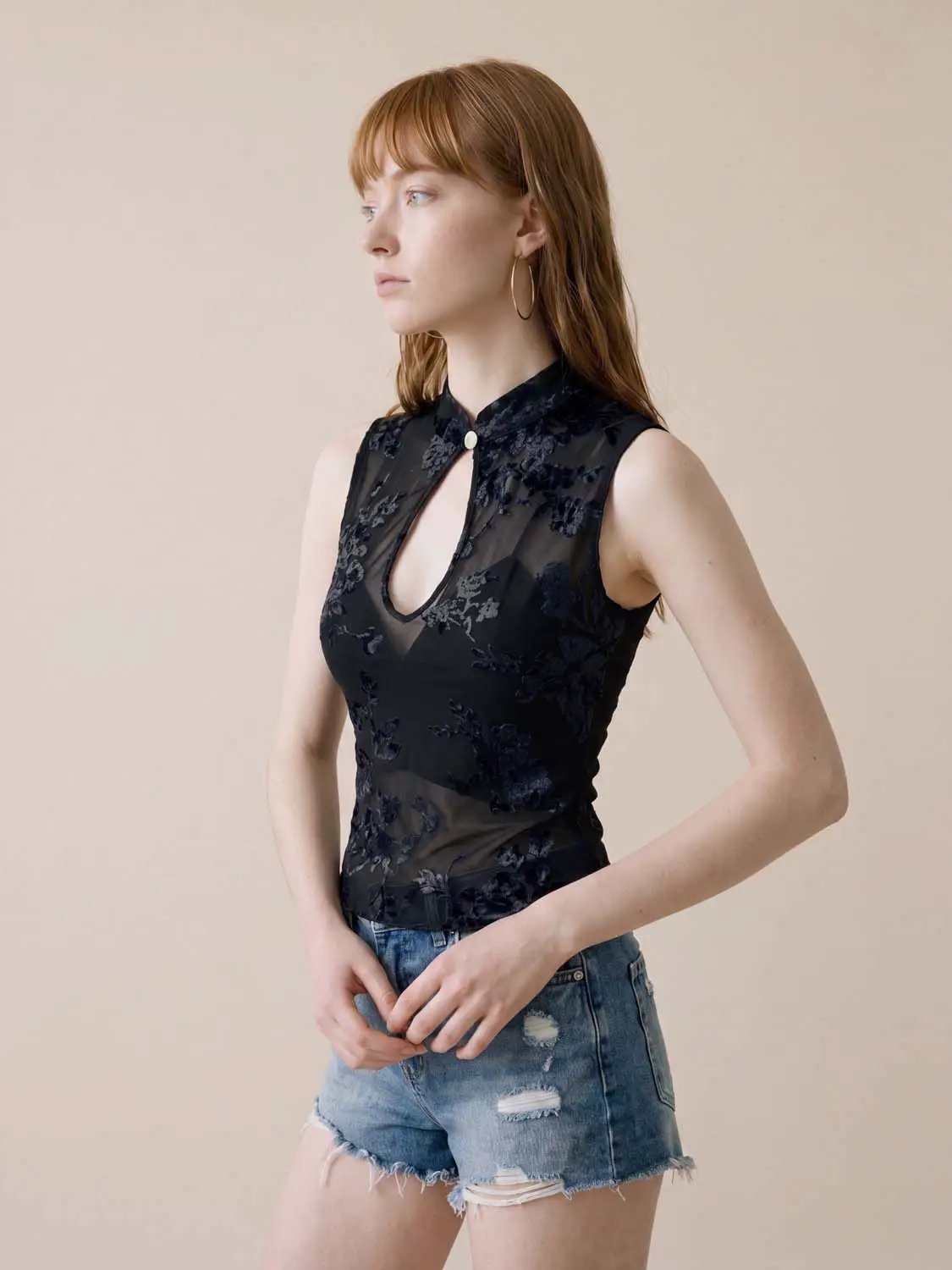 Embroidered Sheer Floral Mesh Sleeveless Blouse
