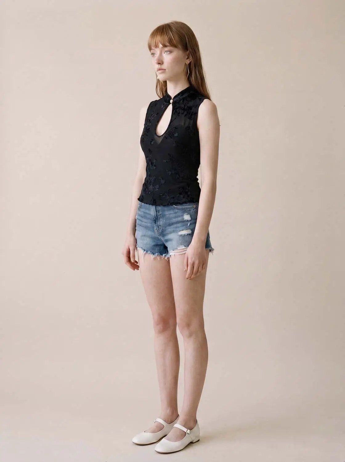 Embroidered Sheer Floral Mesh Sleeveless Blouse