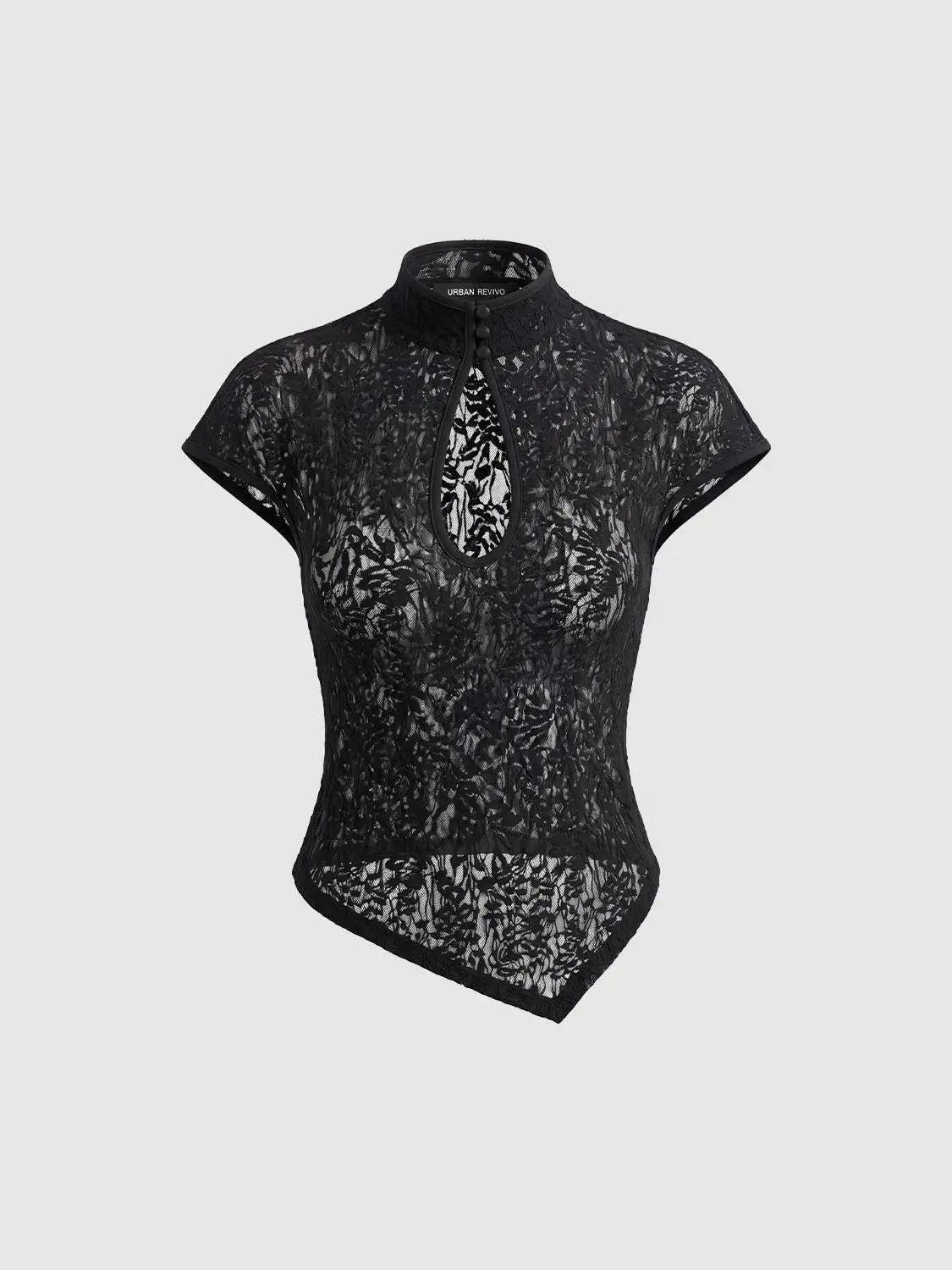 Keyhole Button Lace Fitted Mock Neck Short Sleeve T-Shirt