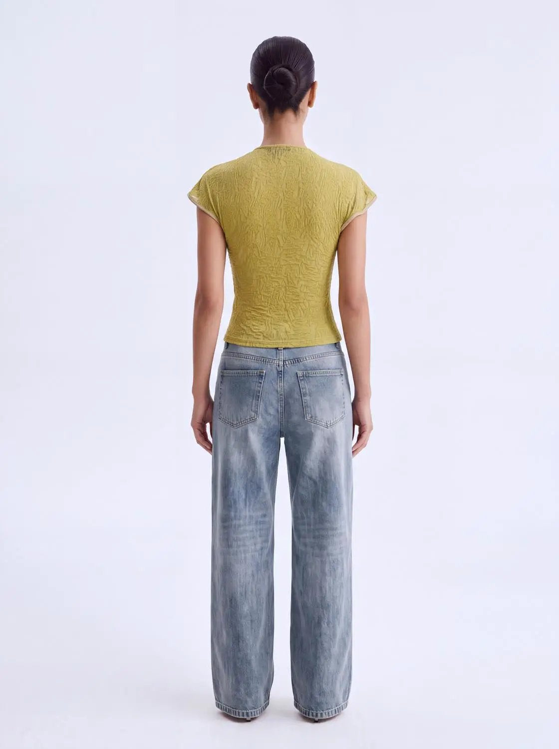 Keyhole Button Lace Fitted Mock Neck Short Sleeve T-Shirt