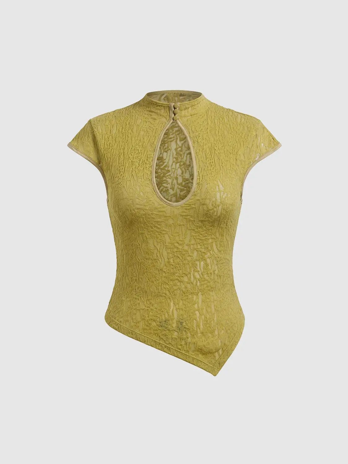Keyhole Button Lace Fitted Mock Neck Short Sleeve T-Shirt