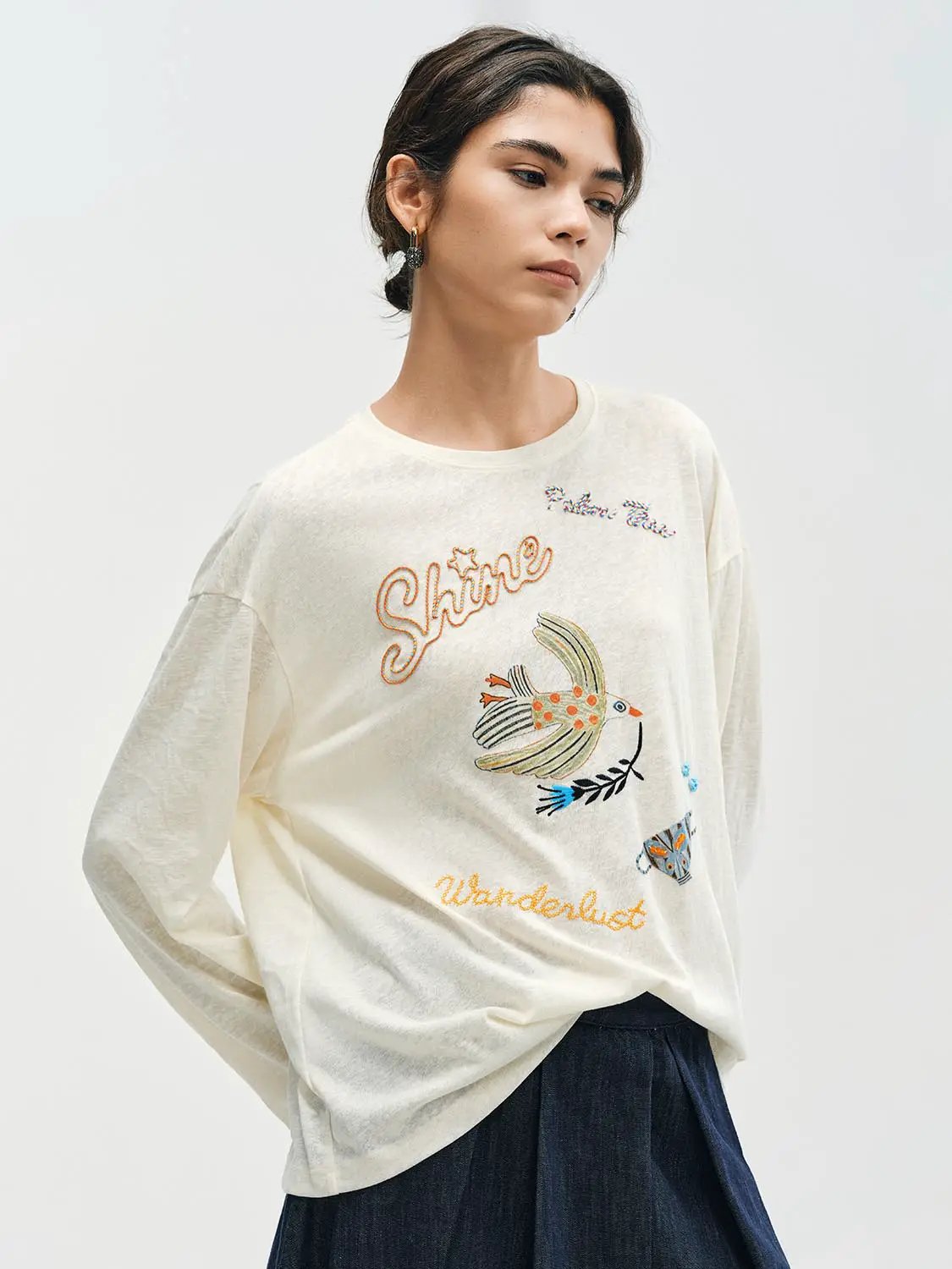 Embroidered Bird Crew Neck Long Sleeve Cotton Blend T-Shirt