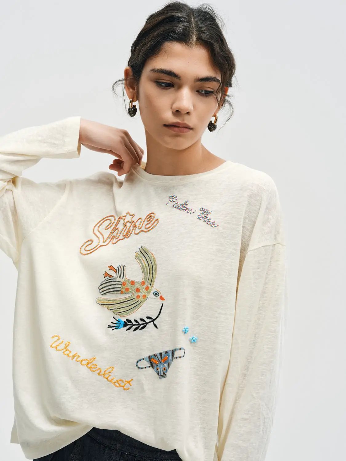 Embroidered Bird Crew Neck Long Sleeve Cotton Blend T-Shirt