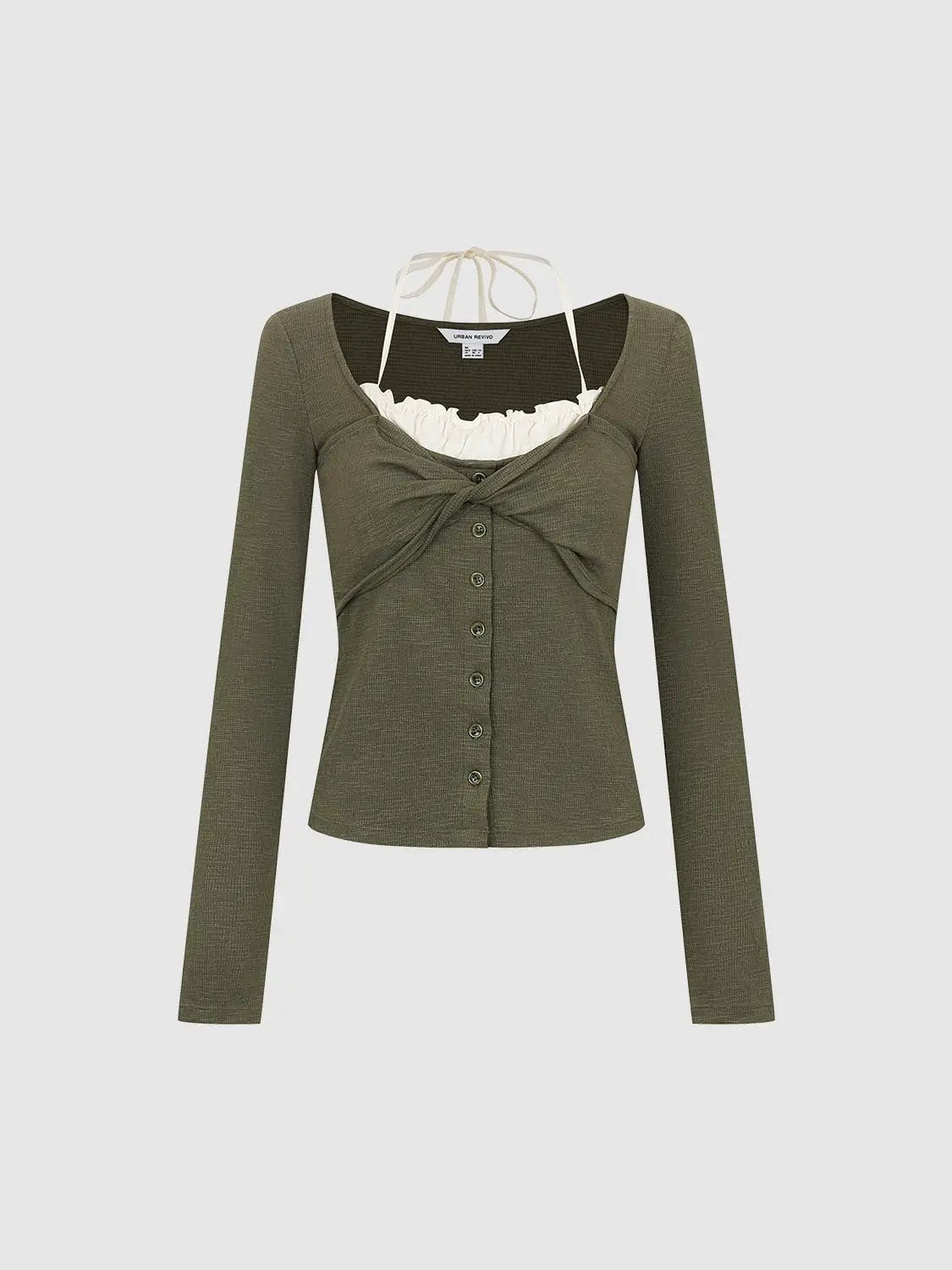 Square Neck Twisted Button Front Long Sleeve Top
