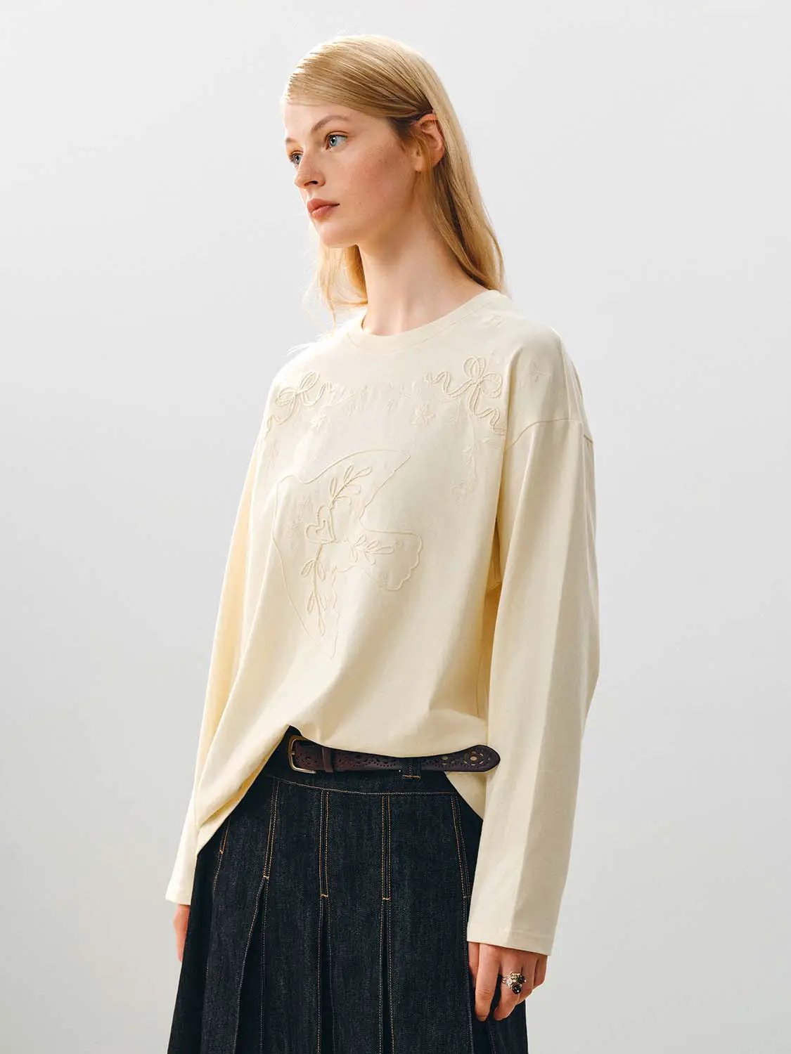 Embroidered Long Sleeve Crew Neck Cotton T-shirt