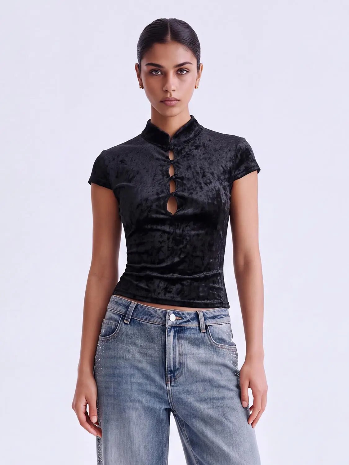 Textured Keyhole Mandarin Collar Short Sleeve T-Shirt