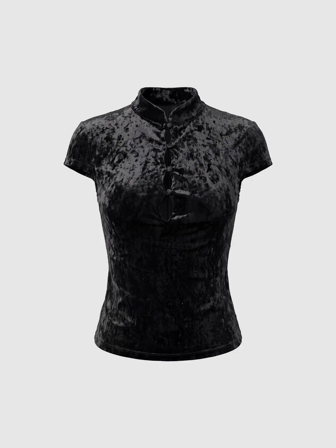 Textured Keyhole Mandarin Collar Short Sleeve T-Shirt