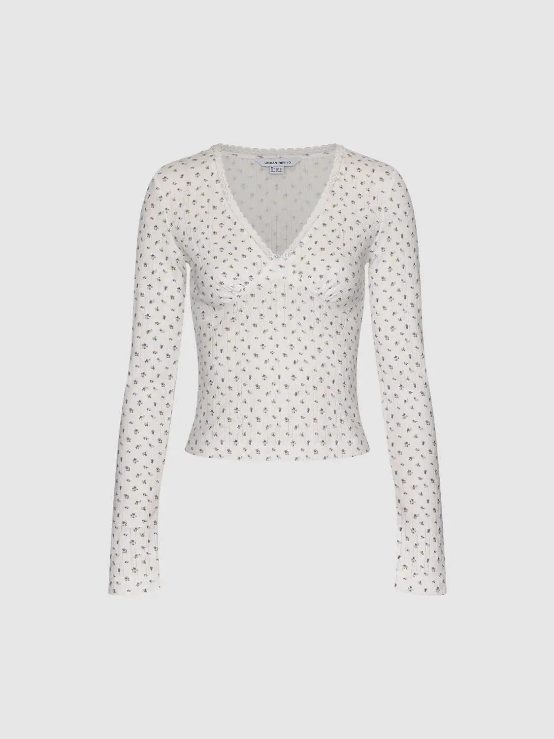 Fitted Floral Print Ribbed V-Neck Long Sleeve Cotton T-Shirt