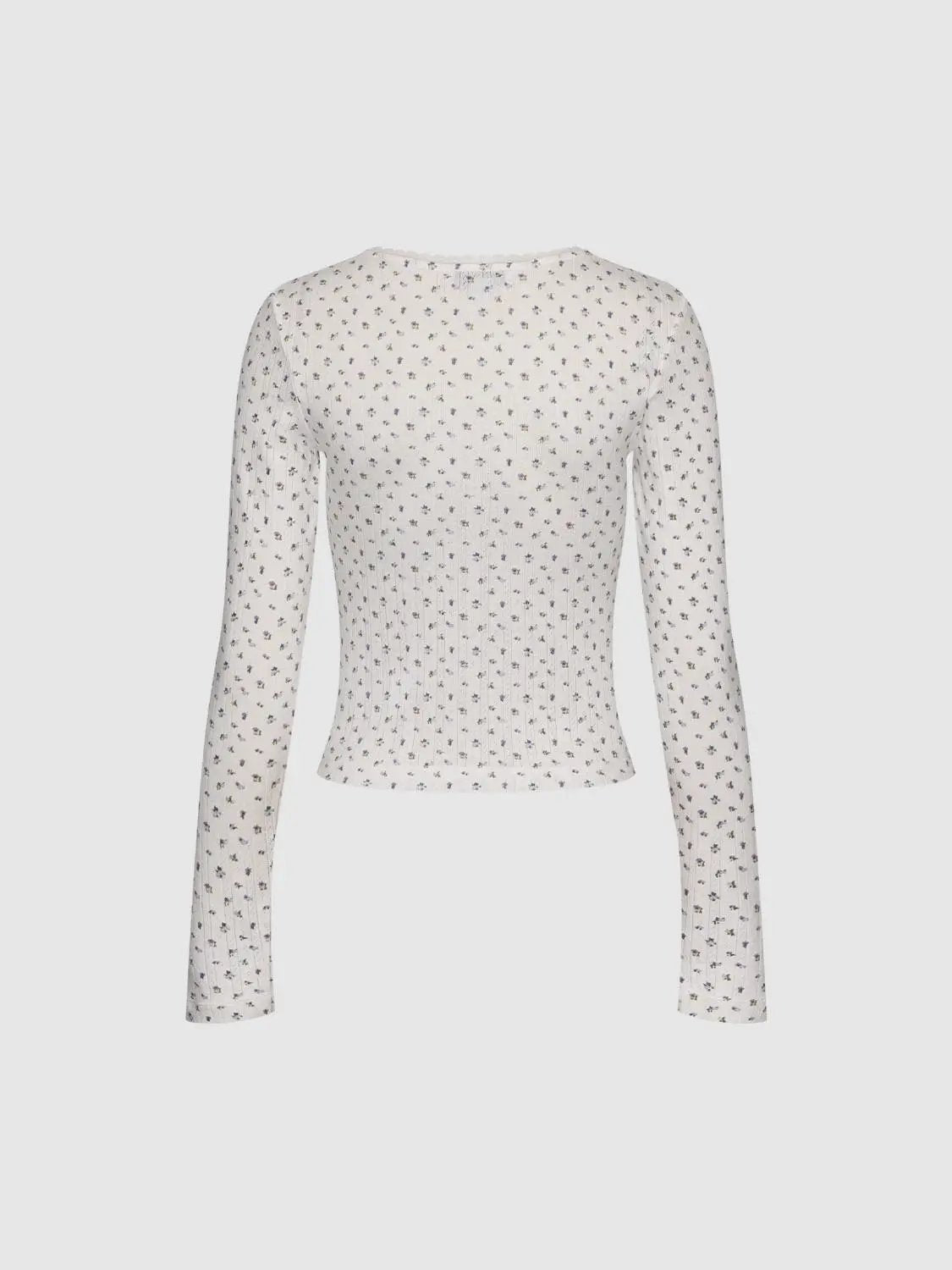 Fitted Floral Print Ribbed V-Neck Long Sleeve Cotton T-Shirt