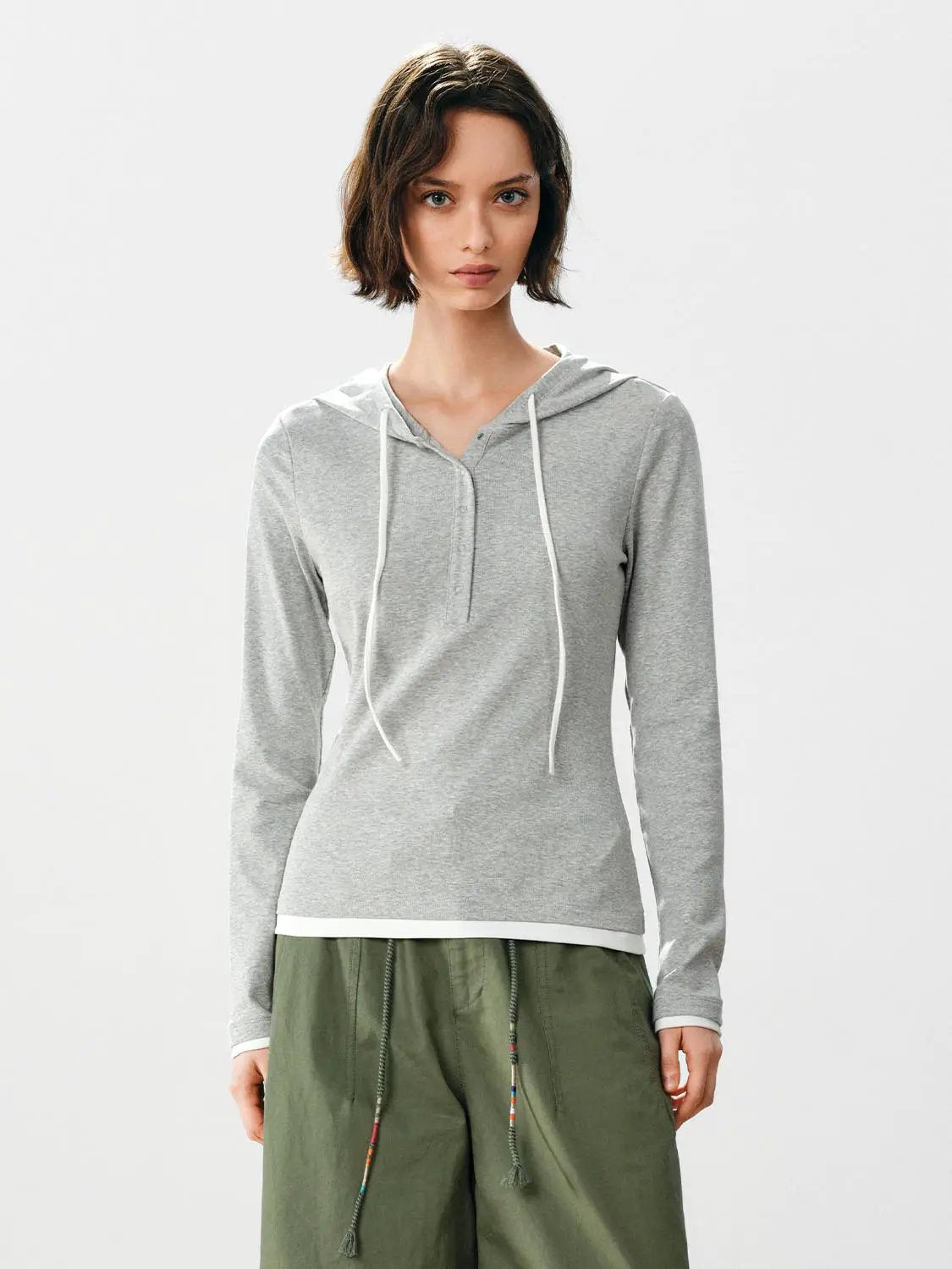 Hooded Long Sleeve Layered Cotton Blend Sweatshirt