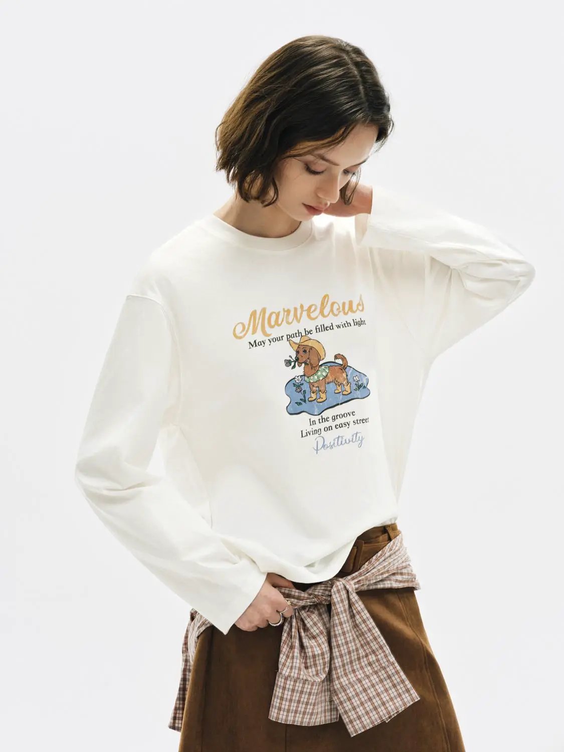 Graphic Print Crew Neck Long Sleeve Cotton T-Shirt